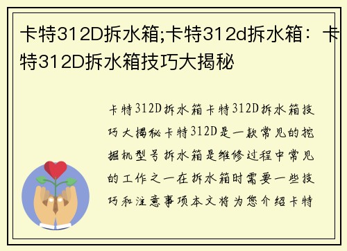 卡特312D拆水箱;卡特312d拆水箱：卡特312D拆水箱技巧大揭秘